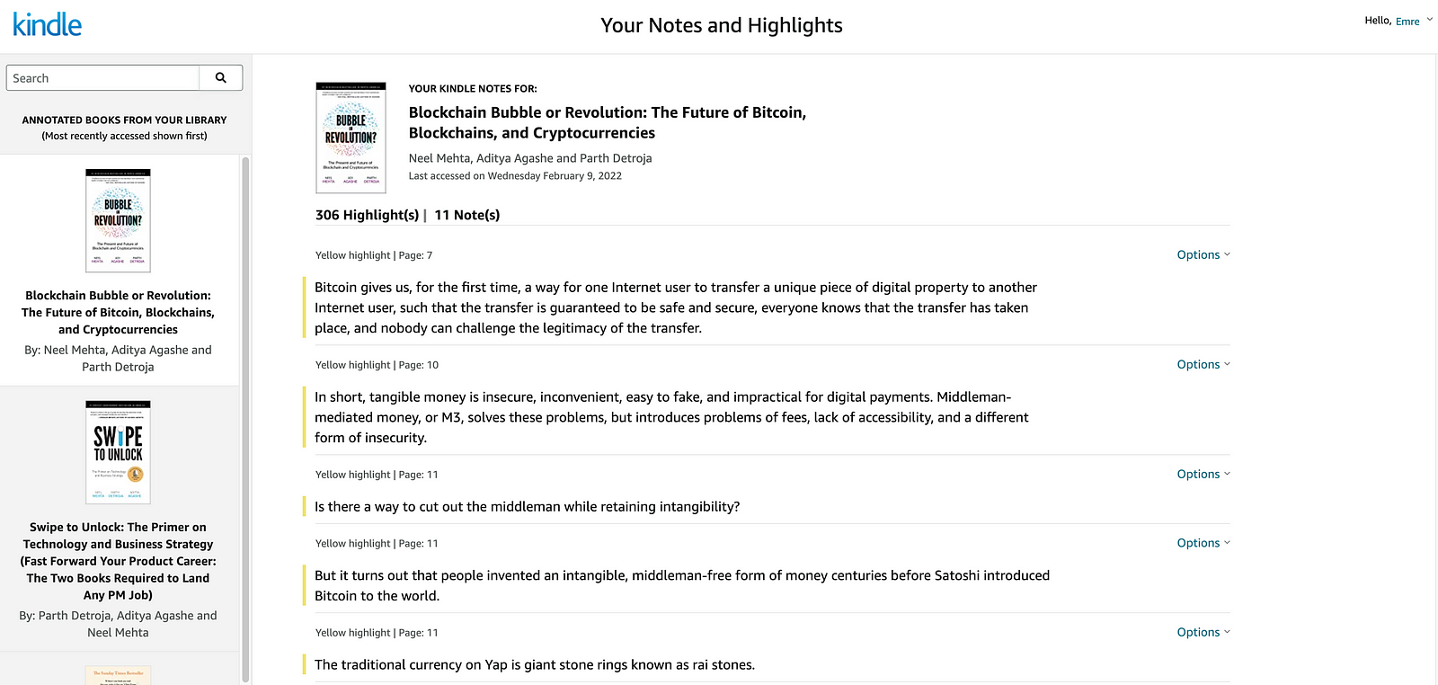 Kindle Cloud Reader Notes & Highlights Section interface