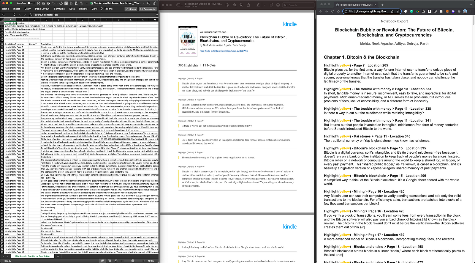 CSV and PDF files from Kindle on the left and middle, HTML file from Kindle Mobile App on the right
