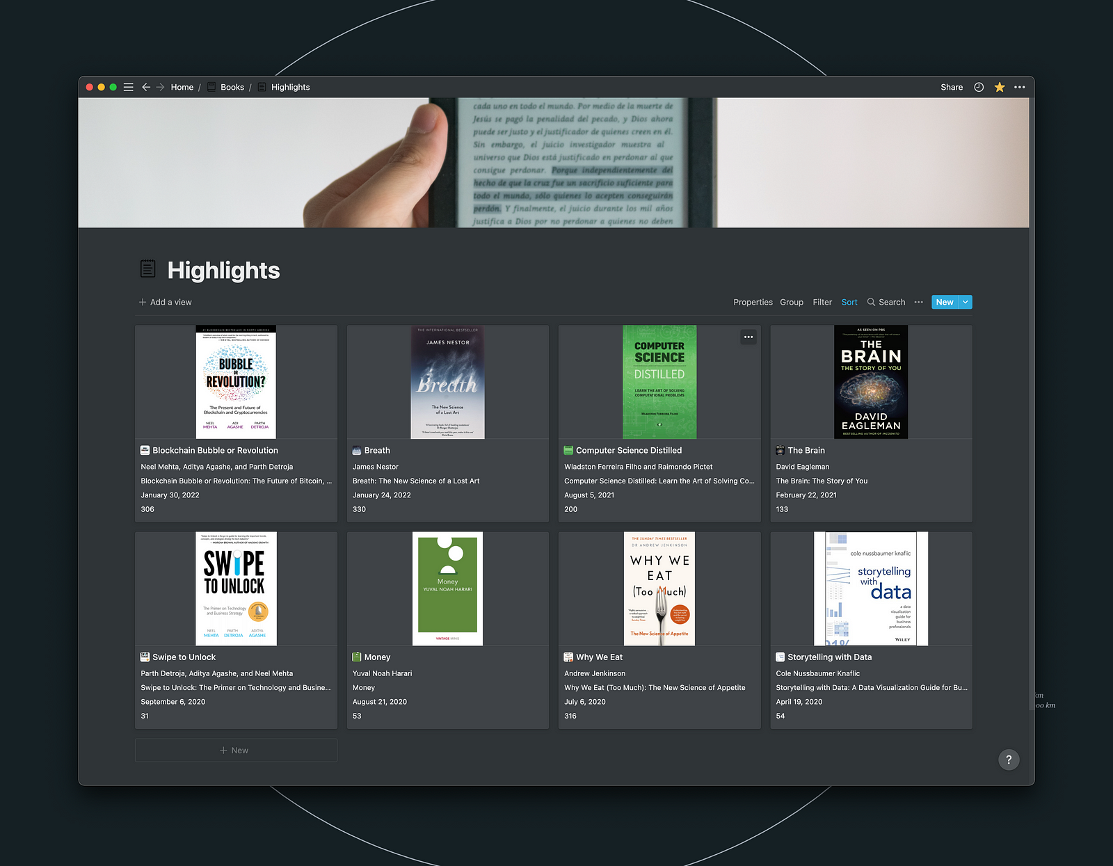 The Notion template used for organizing books and highlights