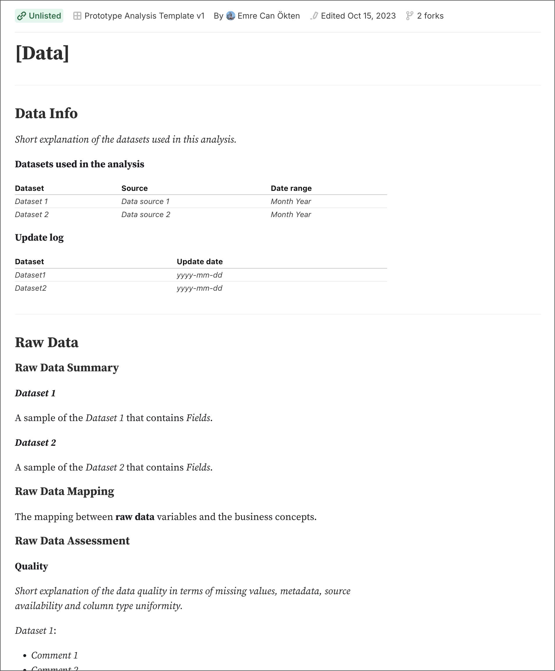 Prototype Analysis Template, Data